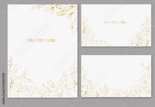 Set of vector cards with golden lilies on a white background. Line art