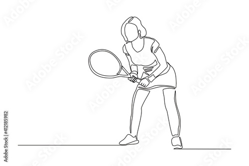 Continuous line drawing of woman playing tennis tournament. Single one line art of Sport and healthy lifestyle. Vector illustration