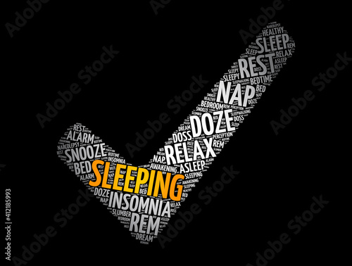 Sleeping check mark word cloud collage, concept background
