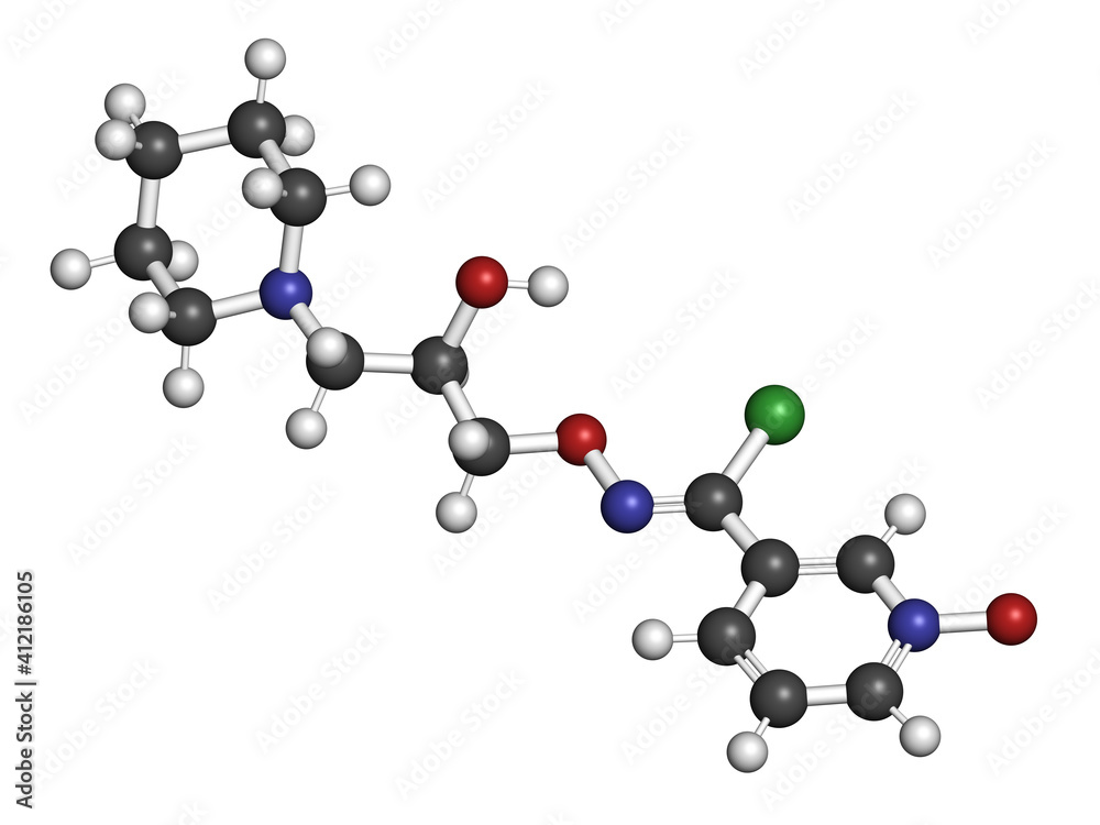 Arimoclomol drug molecule. 3D rendering. Atoms are represented as spheres with conventional color coding: hydrogen (white), carbon (grey), nitrogen (blue), oxygen (red), chlorine (green).