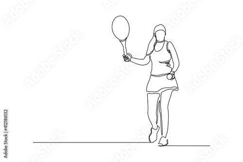 Continuous line drawing of woman playing tennis tournament. Single one line art of Sport and healthy lifestyle. Vector illustration © MuhammadZulfan