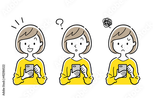 ベクターイラスト素材：スマートフォンを使う若い女性、セット
