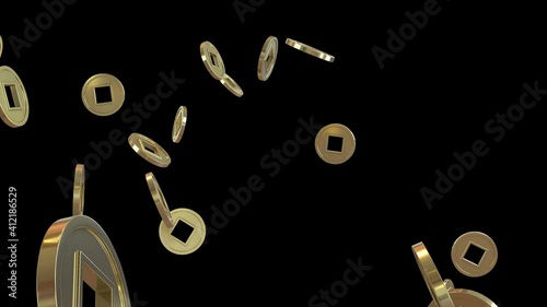 3D animation of chinese new year gold coins flow with alpha layer