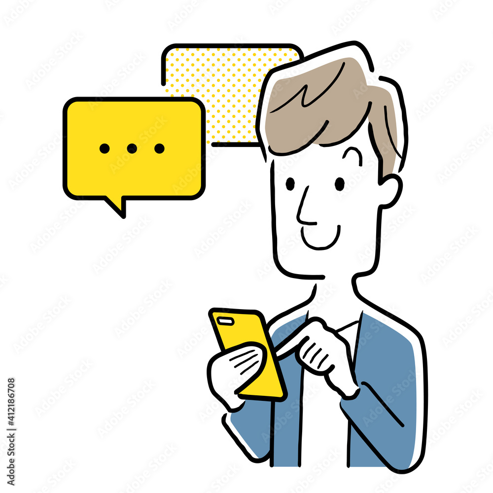 Vecteur Stock ベクターイラスト素材:スマートフォンでメッセージのやりとりをする若い男性 | Adobe Stock