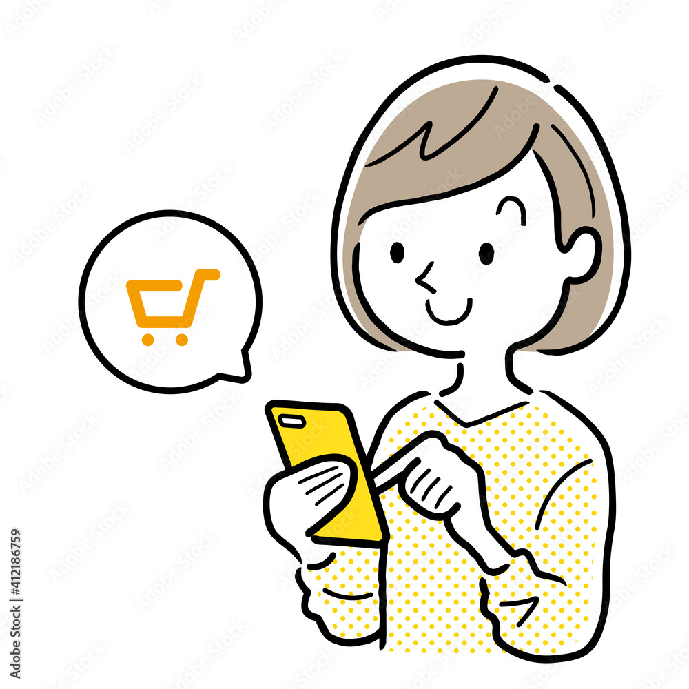 ベクターイラスト素材：スマートフォンで買い物をする若い女性
