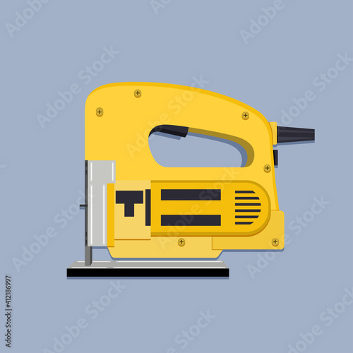 Electric fretsaw tool. Devices for construction and mechanics. Vector illustration.