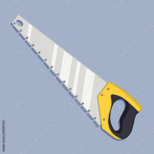 Flat metal hand saw. Devices for construction and mechanics. Vector illustration.