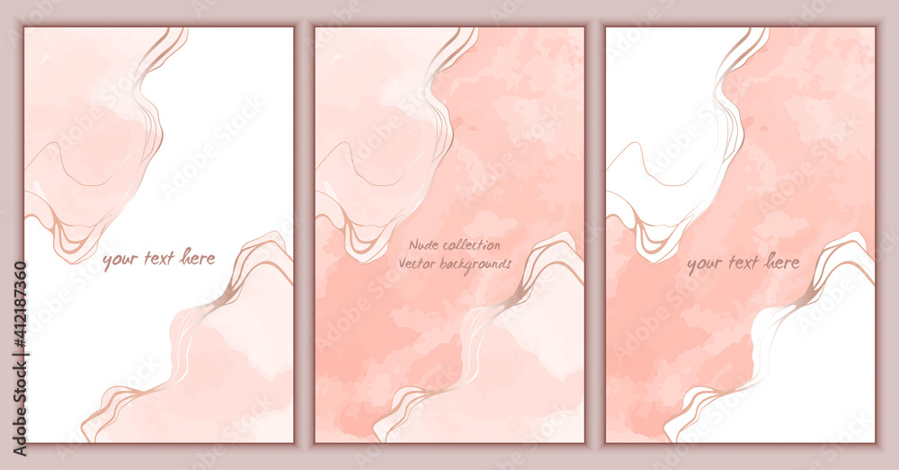 Vector set of abstract backgrounds with delicate pink watercolors. Marble effect with golden sheen. Great for posters, cards, banners, brochures, invitations