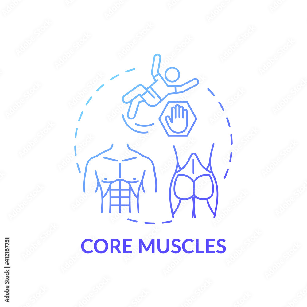 Core muscles concept icon. Physical training type idea thin line illustration. Good posture. Bad balance reduction. Tightening abdominal muscles. Vector isolated outline RGB color drawing