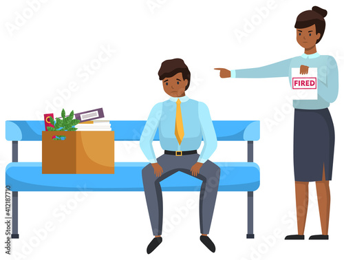 Layoff concept. Boss dismissed employee. Unhappy fired man leave the office with things in boxes. Unemployment dismissal of fellow workers. Crisis, jobless and employee job reduction concept