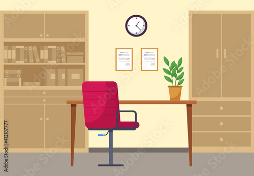 Modern workplace flat design. Office chair crimson colour and office desk, bookcase with books and documents, potted plant. Furniture and equipment for the workplace of an employee or office worker