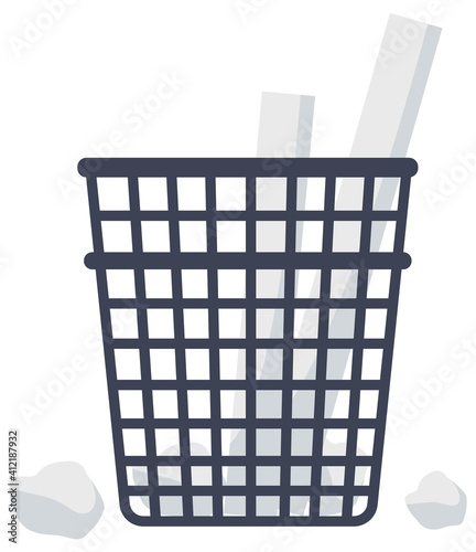 Cartoon office trash recycle bin for garbage. Wastepaper basket full isolated. Trash can with crumpled paper inside and around. Office, home litter bin for thrown sheets, wastepaper garbage basket
