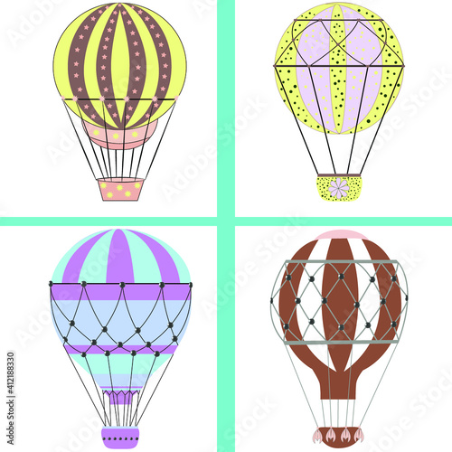 Set of aerostat drawings. Made in pastel colors. Vector illustration. White isolate