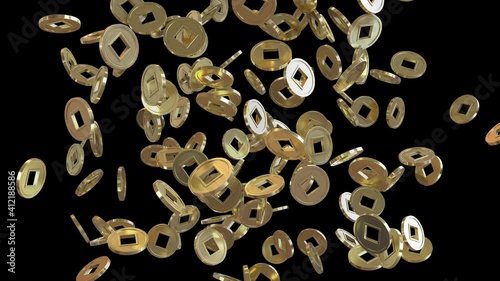 3D animation of chinese new year gold coins flow with alpha layer