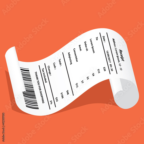tie receipt printed template, paper financial check. vector illustration