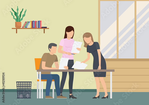 Business people dressed in casual clothes sitting table with laptops and talking colleague. Office workers discussing project. Business meeting and consideration of working moments. Friendly team work