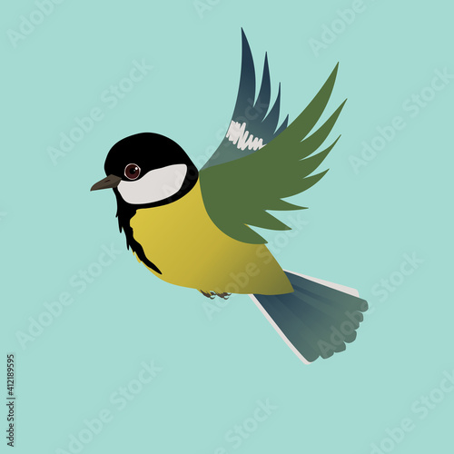 
Flying great tit bird on a light blue background