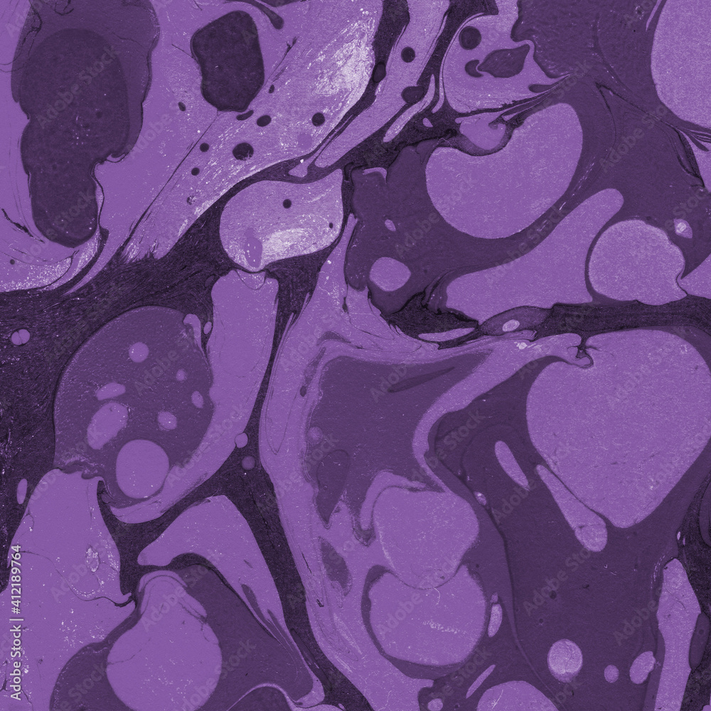 Fototapeta premium Pink and purple marble ink texture on watercolor paper background. Marble stone image. Bath bomb effect. Psychedelic biomorphic art.