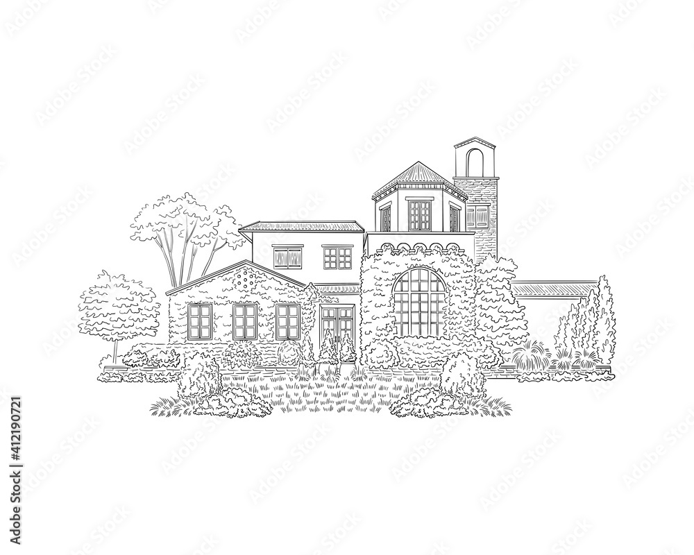 Vector illustration with style mansion, estate, Historic Building landmark. Black and White wedding venue, architecture