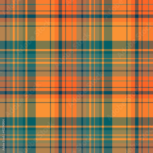 Seamless pattern in orange, dark blue and water green colors for plaid, fabric, textile, clothes, tablecloth and other things. Vector image.
