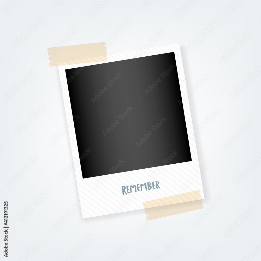 Retro photo frame with sticky tape. White textured border. Remember. Vector illustration, flat design Retro photo frame with sticky tape. White textured border. Remember. Vector illustration, flat design