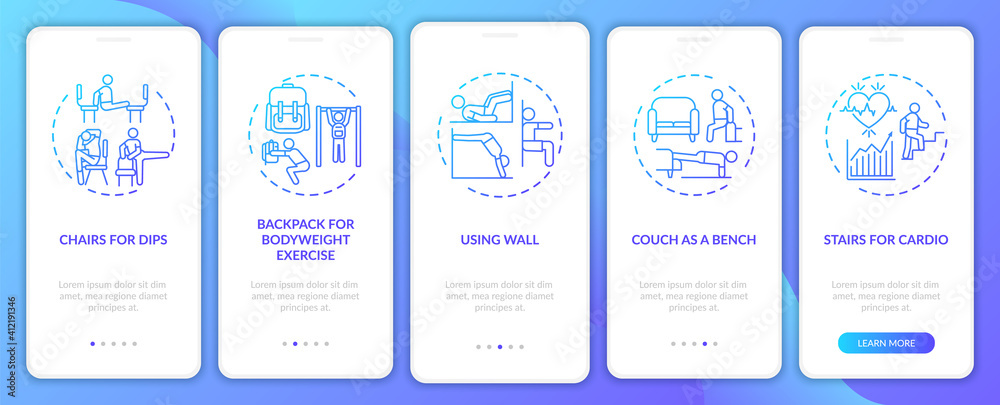 Gym equipment substitutes onboarding mobile app page screen with concepts. Backpack, using wall, cardio walkthrough 5 steps graphic instructions. UI vector template with RGB color illustrations Gym equipment substitutes onboarding mobile app page screen with concepts. Backpack, using wall, cardio walkthrough 5 steps graphic instructions. UI vector template with RGB color illustrations