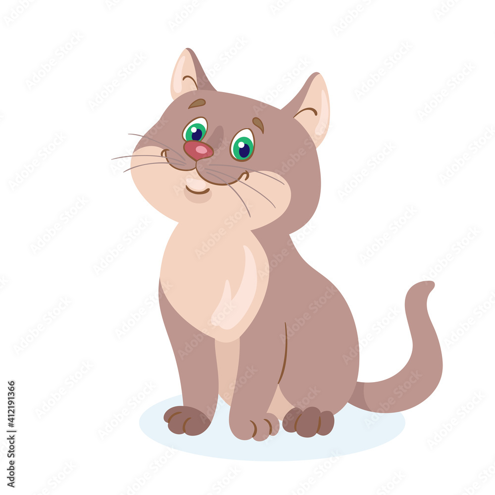 A cute fat cat is sitting. In cartoon style. Isolated on white background. Vector flat illustration.
