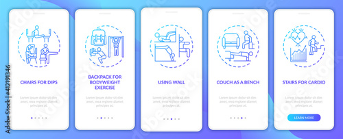Gym equipment substitutes onboarding mobile app page screen with concepts. Backpack, using wall, cardio walkthrough 5 steps graphic instructions. UI vector template with RGB color illustrations