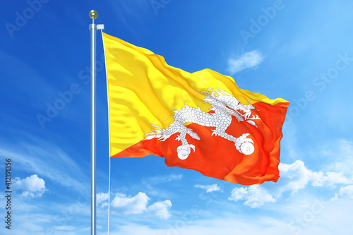 Bhutan flag waving on a high quality blue cloudy sky, 3d illustration photo