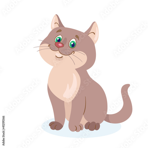 A cute fat cat is sitting. In cartoon style. Isolated on white background. Vector flat illustration.