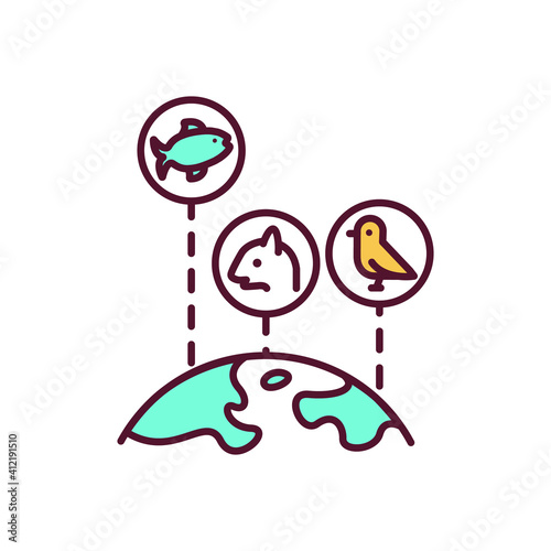 Biodiversity RGB color icon. Wildlife conservation. Global ecosystem protection. Worldwide environment. Animal extinction danger. Sustainability to save nature. Isolated vector illustration