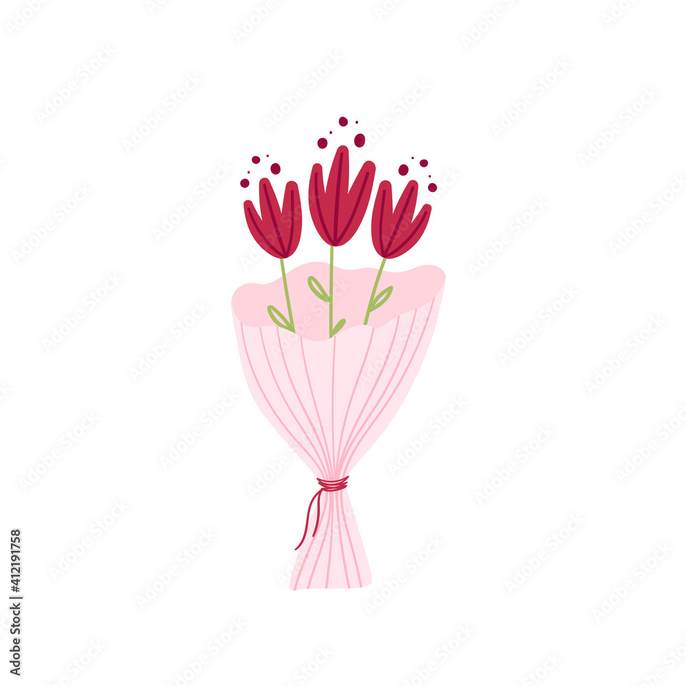 Flower bouquet isolated on a white background. Bunch of red flowers, roses . Vector hand drawn cartoon illustration.