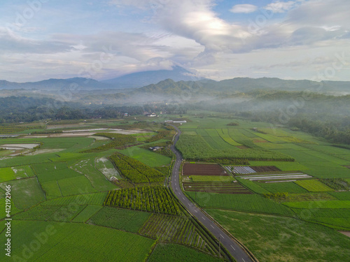 beautiful views of the road, rice fields and mountains
