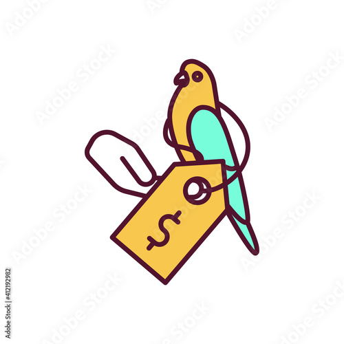 Wild animal trafficking RGB color icon. Illegal exotic bird selling. Smuggling wild parrots. Rare animal trading. Save wildlife, prevent poaching. Harmful industry. Isolated vector illustration