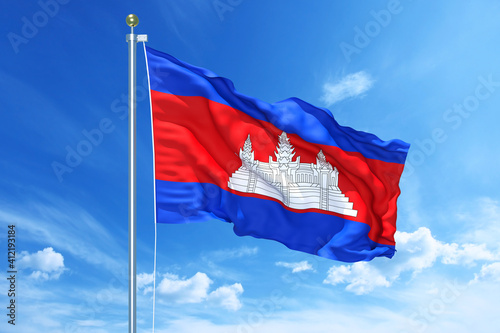 Cambodia flag waving on a high quality blue cloudy sky, 3d illustration