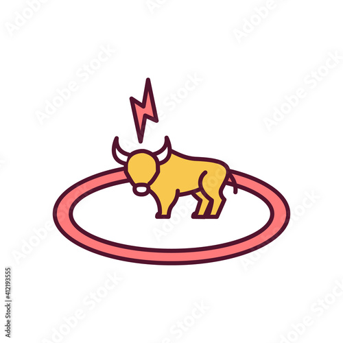 Bull fighting RGB color icon. Enraged bison. Spanish bullfighting. Animal abuse for entertainment. Arena performance. Rodeo event. Cruelty and violence. Isolated vector illustration