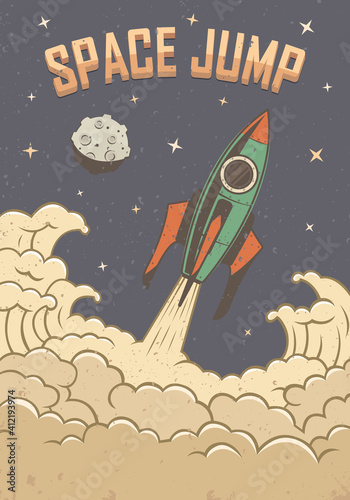 Rocket Launch poster. Rocket takes off into space leaving the smoke of ignition. Vintage style. StartUp and Exploring Space concept. Vector illustration 