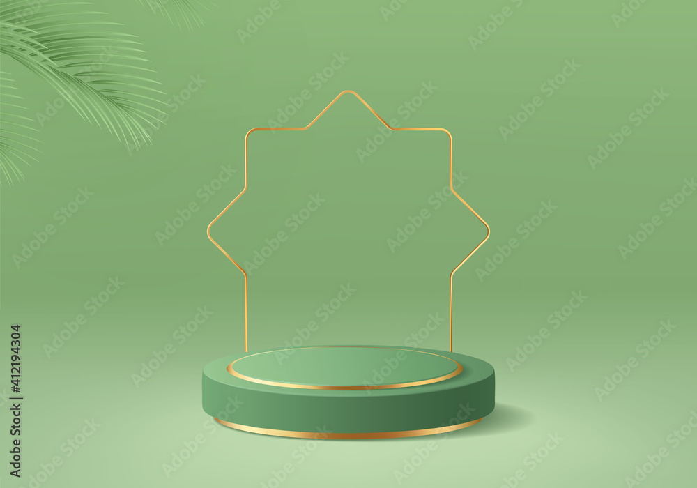 Islamic green cylinder podium with gold and dates leaves in green background. For product display, cosmetic showcase, herbal, honey, and natural product. 3d render vector Islamic green cylinder podium with gold and dates leaves in green background. For product display, cosmetic showcase, herbal, honey, and natural product. 3d render vector
