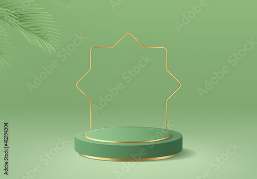 Islamic green cylinder podium with gold and dates leaves in green background. For product display, cosmetic showcase, herbal, honey, and natural product. 3d render vector