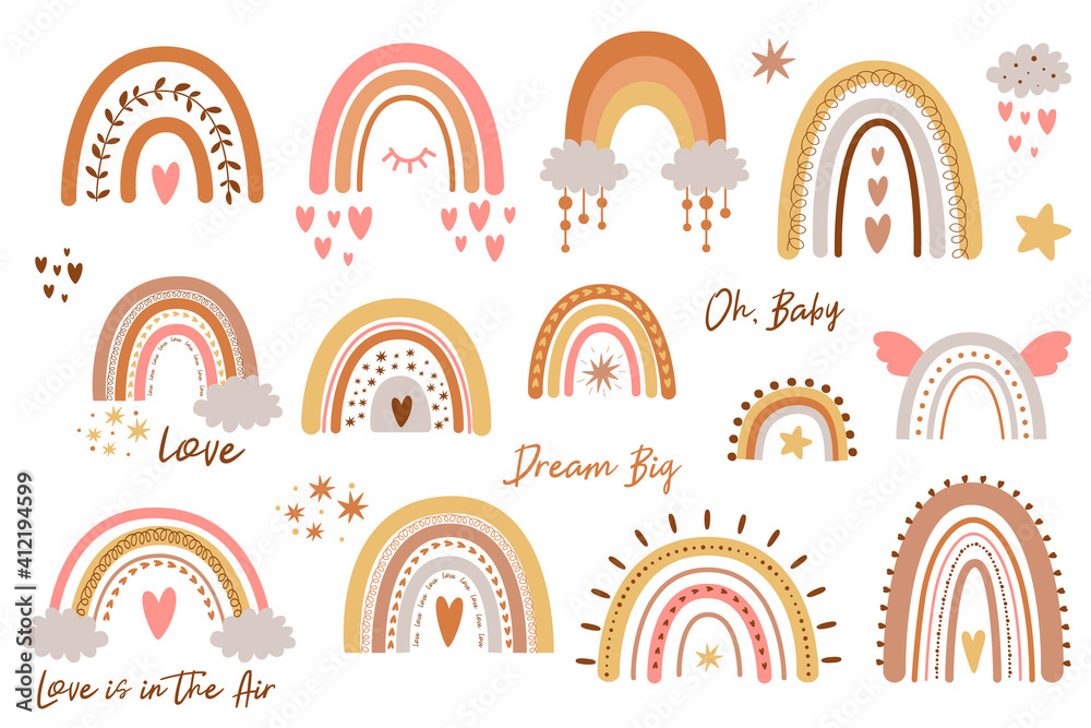 Baby rainbow set. Rainbow kids design pastel shapes Hand drawn cute rainbows collection doodle sweet elements. Baby rainbow set. Rainbow kids design pastel shapes Hand drawn cute rainbows collection doodle sweet elements.