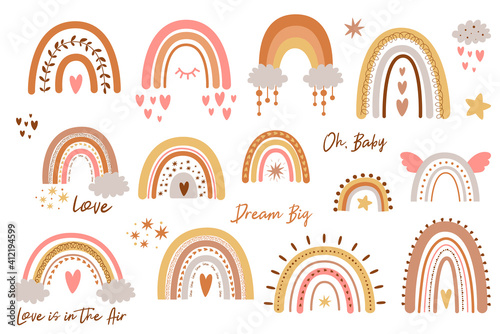 Baby rainbow set. Rainbow kids design pastel shapes Hand drawn cute rainbows collection doodle sweet elements.