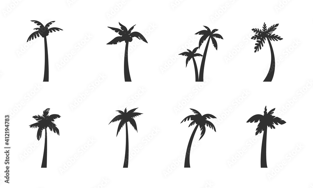 Palm tree set. 8 black palm tree icons isolated on white background. Palm tree silhouettes. Vector illustration