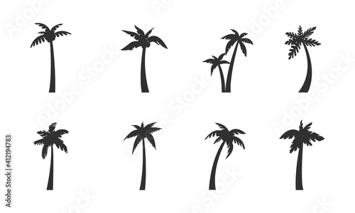 Palm tree set. 8 black palm tree icons isolated on white background. Palm tree silhouettes. Vector illustration