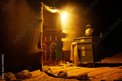 Valokuva A night picture of a  tent for a desert safari in Morocco