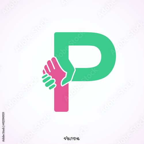 Creative Design vector Font, Header, Lettering, Logo of  handshake for Title. Funny Entertainment . Colorful rounded Letter P.