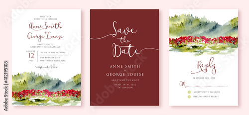 wedding invitation set with beautiful landscape watercolor