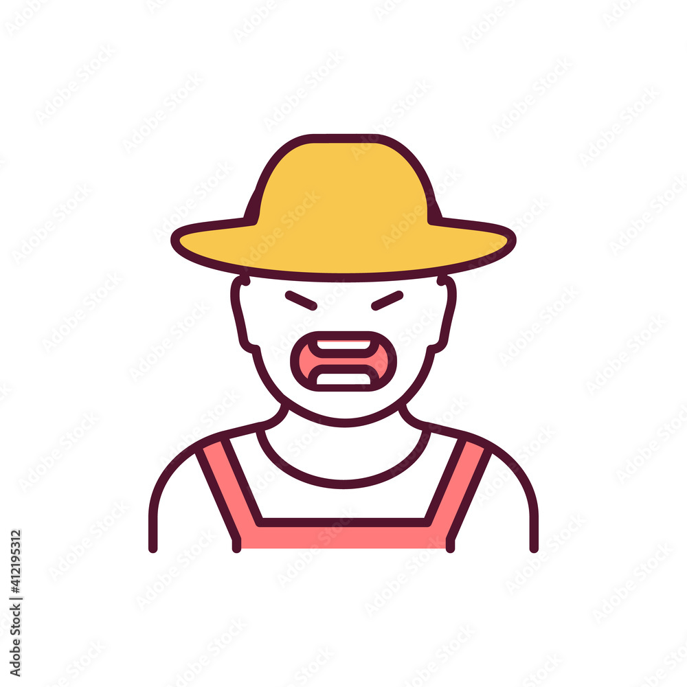 Farm cruelty RGB color icon. Angry farmer. Person in hat yelling. Human shouting. Agressive man on ranch. Unethical industry. Animal cruelty, wildlife conservation. Isolated vector illustration