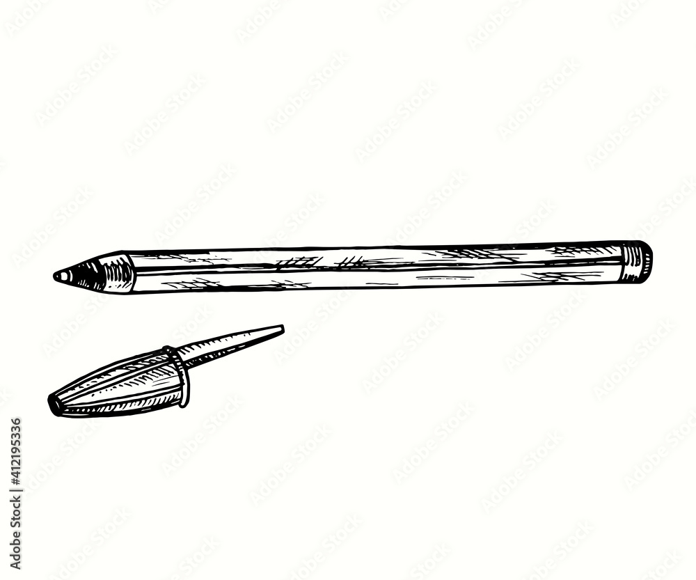 Hand drawn pen with cap, side view. Ink black and white drawing. Vector illustration Hand drawn pen with cap, side view. Ink black and white drawing. Vector illustration