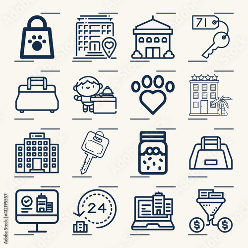Simple set of accommodations related lineal icons.