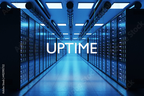uptime logo in large modern data center with multiple rows of network internet server racks, 3D Illustration photo